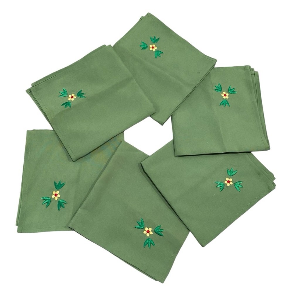 Vintage Temp-Tations Set of 6 Light Green Floral Embroidered Table Napkins